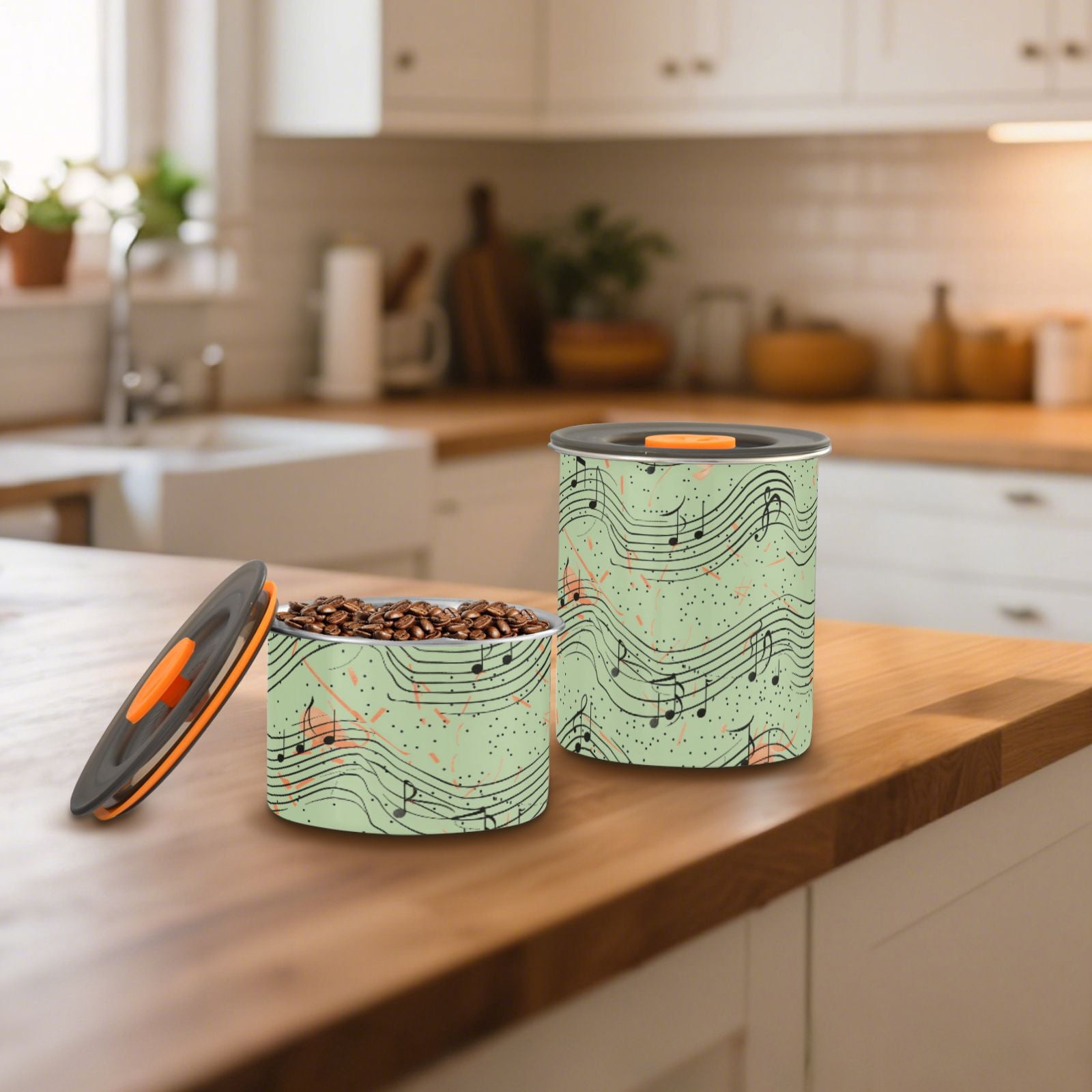 Music Notes Polka Dots Airtight Coffee Bean Canister 30oz Food Storage Containers with Lids For Gournd, Tea, Sugar, Flour, Rice, Cereal, Candy Cookie Jar