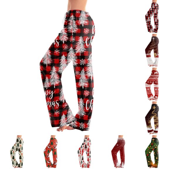 UDAUDU Christmas Pajama Pants Women Sleepwear Christmas Graphic Wide Leg Lounge Pants Drawstring Stretch Casual Palazzo Pants XL