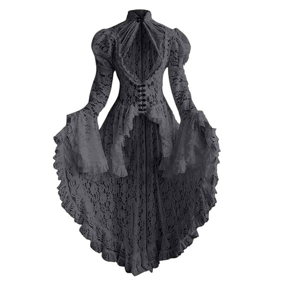 Oplxuo Renaissance Dresses for Women Lace Patchwork Stand-up Collar Dress Flared Sleeve Retro Victorian Ball Gown