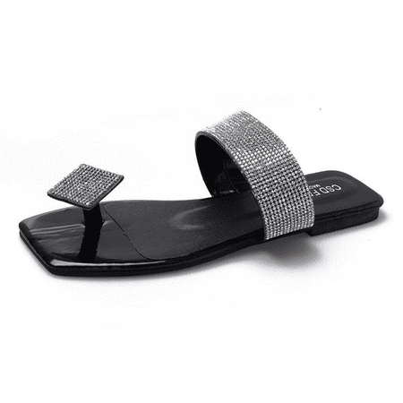 

Wish Pin-toe Flat Sandals Women s Outer Wear with Summer Square Head Rhinestone Fairy Style ----- Black （Size 36） S1722