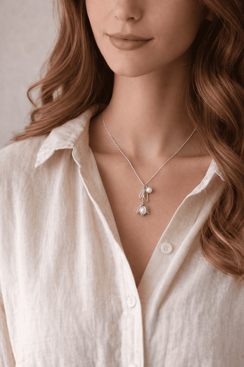Time and Tru Silver Plated Tulip and Pearl Drop Necklace for Female Adults and Teens