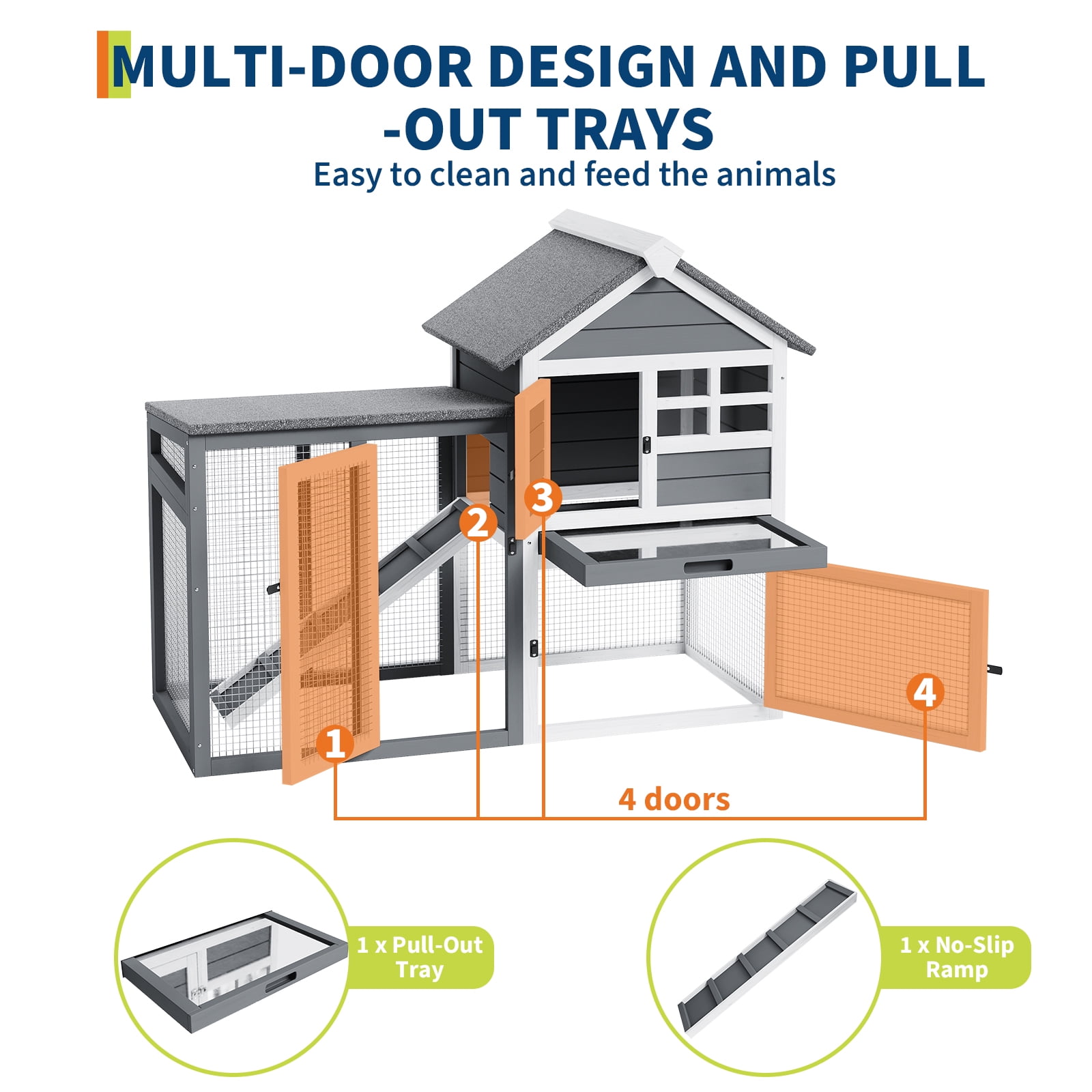 2-Story Rabbit Hutch Chicken Coop Outdoor with Waterproof Roof & Running Cage Large Bunny Cage with Ramp & Pull Out Tray