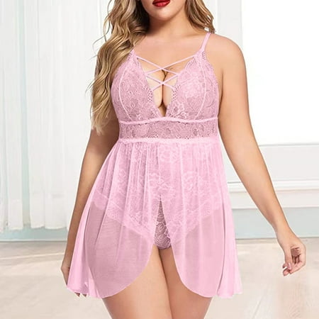 XWSHYW Sleepwear for Women Plus Size Solid Color Lace Bra and Panty Set Sexy Crew Neck Sleeveless Underwear Summer Savings Clearance