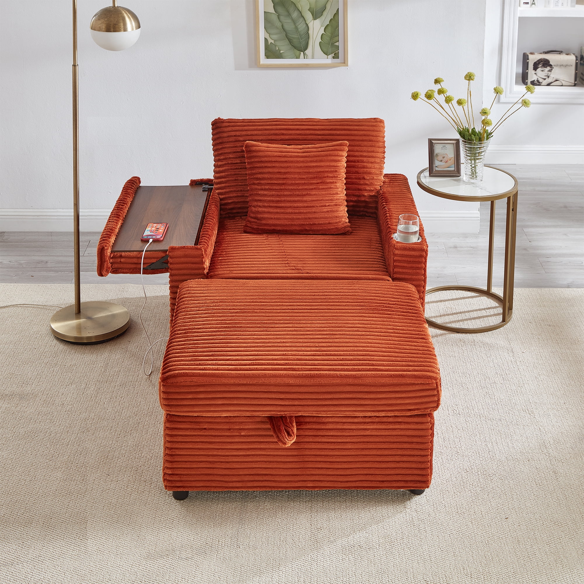 34.5" Soft Chaise Lounge Accent Chair Set with Ottoman, Table Board and Cup Holder