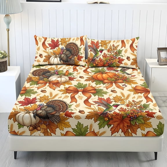 Qpednta Thanksgiving Turkey Fitted Sheet Set, Lightweight Easy Care 3 Pieces Fitted Sheet Set with 2 Pillowcases, Breathable Elastic Band Bedding Cover Set for Bedroom Decor