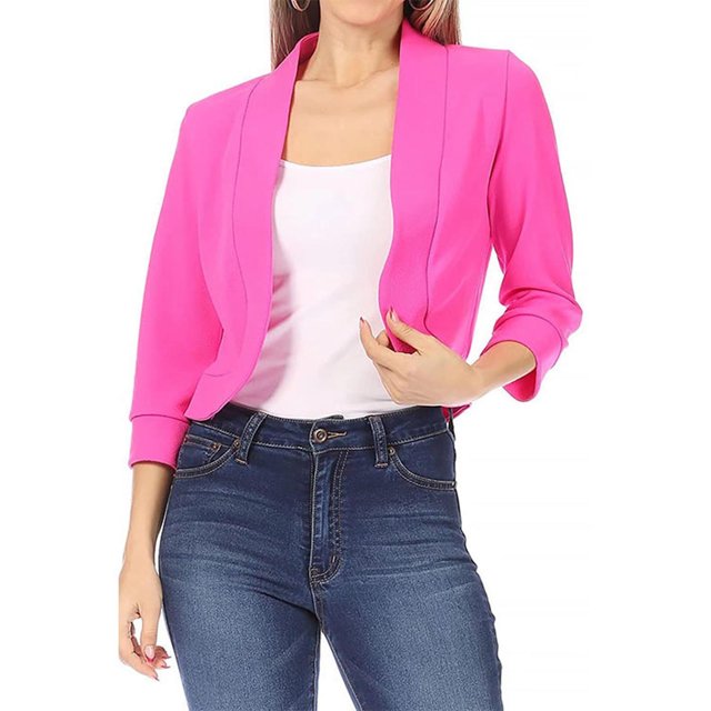 ICHUANYI Clearance Women's Fashion Mid Sleeve Top Solid Color Casual Jacket Business Small Suit Women Suit Jacket(Hot Pink, L) ICHUANYI WER2023081117392