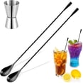 thumbnail image 1 of findTop - Cuchara de bar de 12 pulgadas y jiggers dobles, cuchara mezcladora de cóctel negra con patrón en espiral, barra coctelera y jiggers para hacer cócteles, 1 of 5