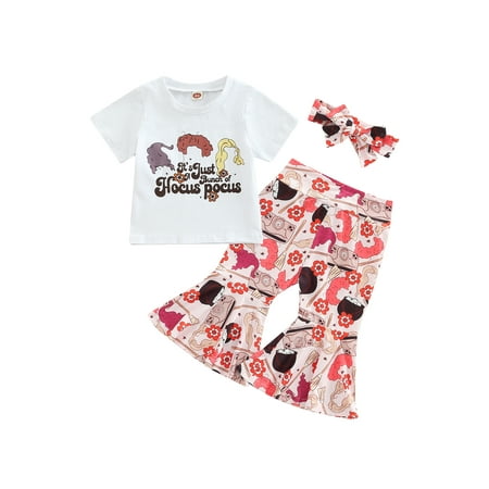 

EYIIYE Kids Girls Halloween 3Pcs Set Letter Print Short-Sleeve T-Shirt + Floral Print Bell-Bottoms + Hairband 6 Months to 4 Years