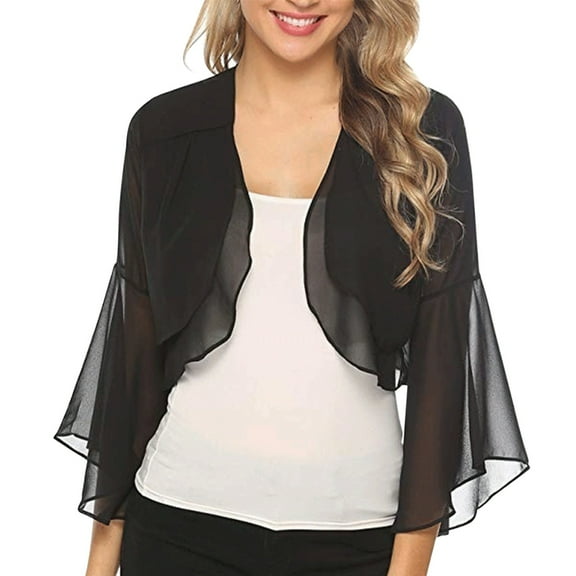 BODOAO Women's Bolero Shrug Cardigan Open Front Cover Up Chiffon Sheer 3/4 Sleeve Kimono Women's Solid Color Flared Sleeve Chiffon Cardigan Small Shoulder Top Black L