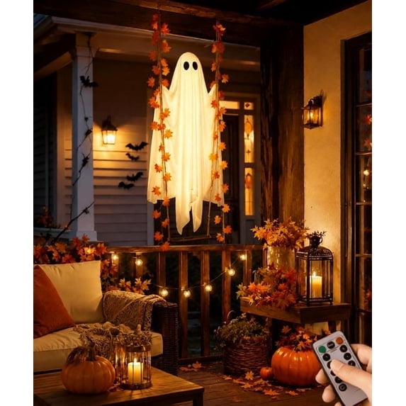BRISEZZS Hanging Swinging Ghost on Maple Vine Leaf Sitting Swing Ornament with LED Lights & Remote Control 4FT Halloween Decoration for Yard Porch Tree Patio Outdoor Home Decor