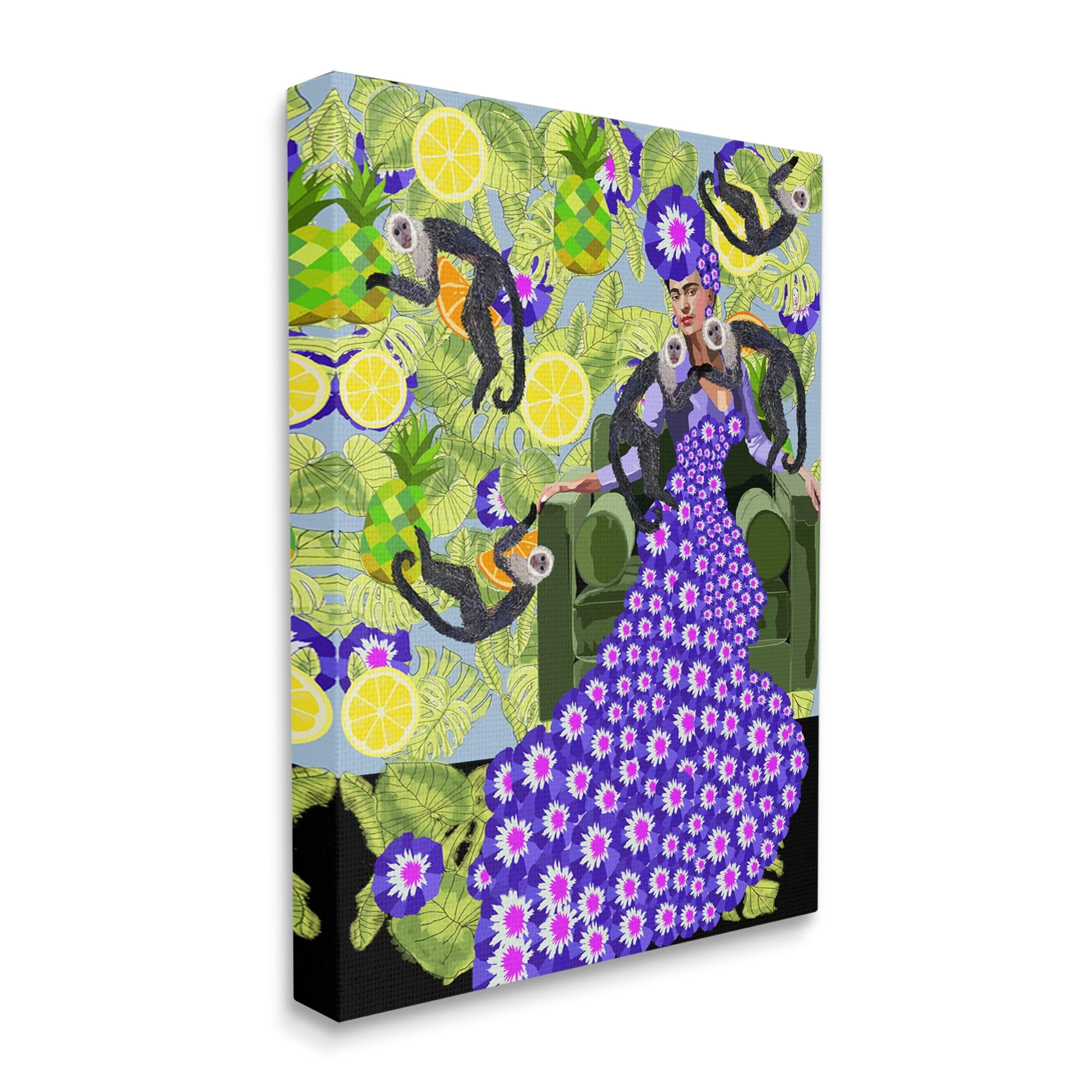 Stupell Industries Abstract Dress Frida Fashion Flower Pattern Botanical Monkeys Graphic Art Gallery-Wrapped Canvas Print Wall Art, 16x20, by Lynnda Rakos