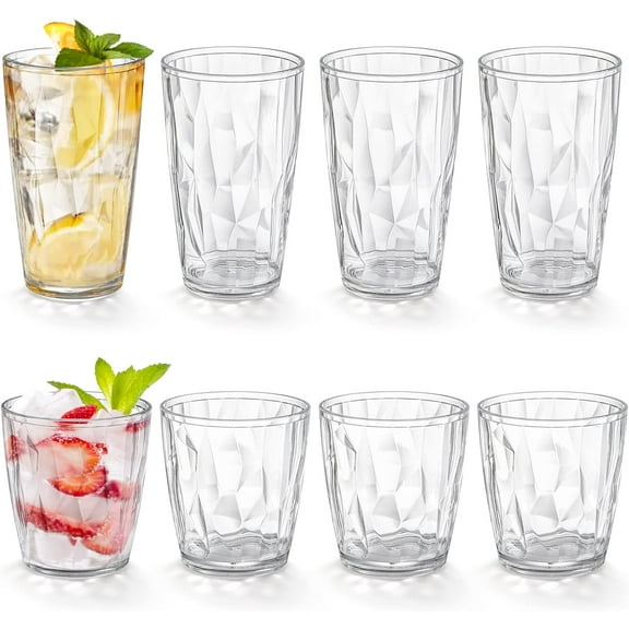 Set of 8 Plastic Water Tumblers, 4 Pack 17-ounce and 4 Pack 10-ounce Transparent Drinking Glasses, Clear Acrylic Reusable Juice Wine Cups Stackable for Home, Picnic Party