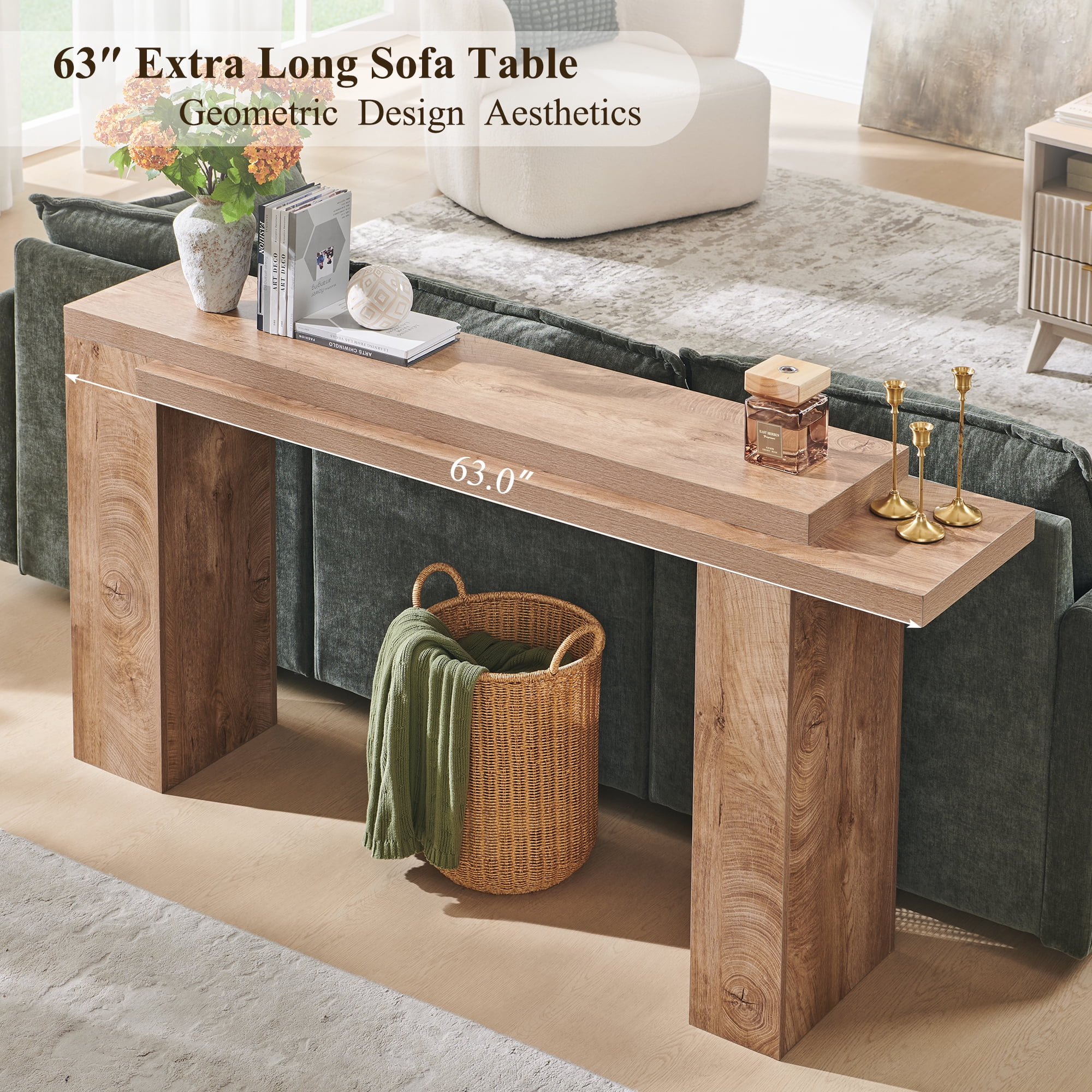 KeyWhat 63" Entryway Console Table, Wooden Modern Sofa Table Behind Couch, Dual-Level Countertop Design for Hallway, Entryway, Living Room, Light Knotty Oak