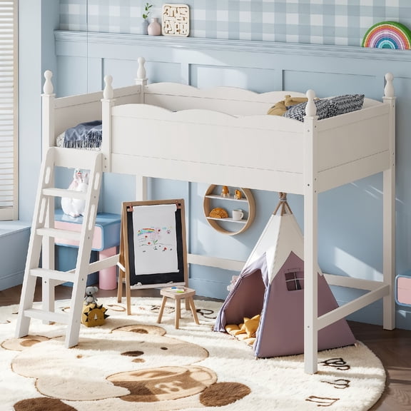 Twin Size Loft Bed Frame with Underbed Space, Wood Loft Bed with Ladders and Full-Length Guardrails for Bedroom, Apartment, Dorm, Guest Room, Easy Assembly, Mattress Not Included, Beige