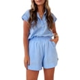 thumbnail image 3 of Women Summer Two Piece Outfits Short Sleeve Button Shirt Shorts Cute Sets Vacation Daily Wear Light Blue M, 3 of 7