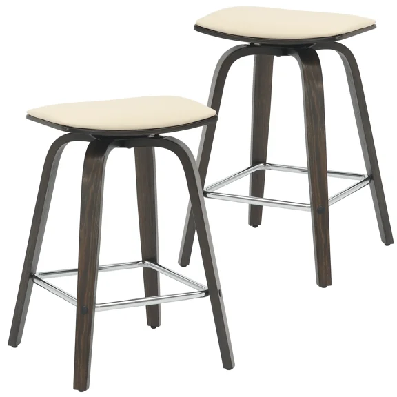 LeisureMod Pelya Modern Leather Swivel Square Counter Stool with Wood Legs and Chrome Footrest – Stylish Bar Stool for Kitchen Island or Dining Area Set of 2