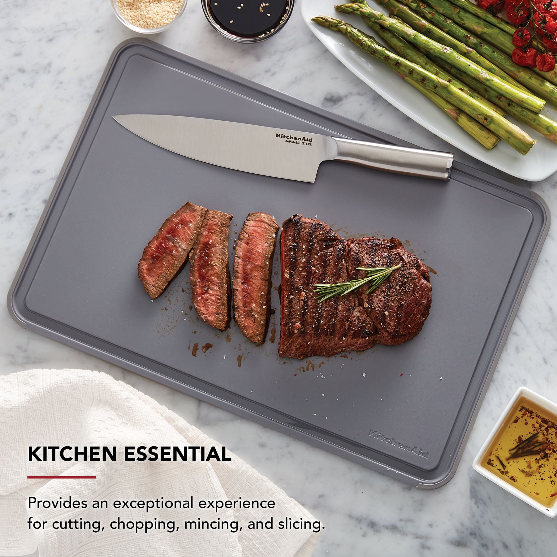 KitchenAid 12x18 Poly Cutting Board, Perimeter Trench, Non Slip Edges, Dishwasher Safe Matte Gray