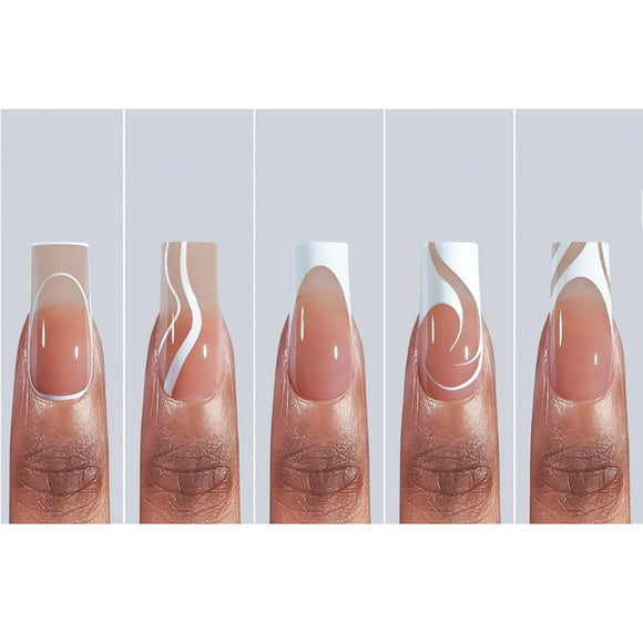 150 piezas de uñas largas con punta francesa, Dsixnails Swirl Square, uñas suaves para mujeres, 5 estilos, uñas acrílicas preduraderas con punta francesa, sin necesidad de limar uñas postizas, extensi