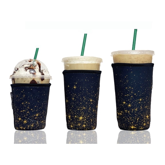 3-Pack (16-32oz) Reusable Neoprene Insulator Sleeve for Iced Coffee or Cold Beverage Cups (Black/Gold Glitter Print)