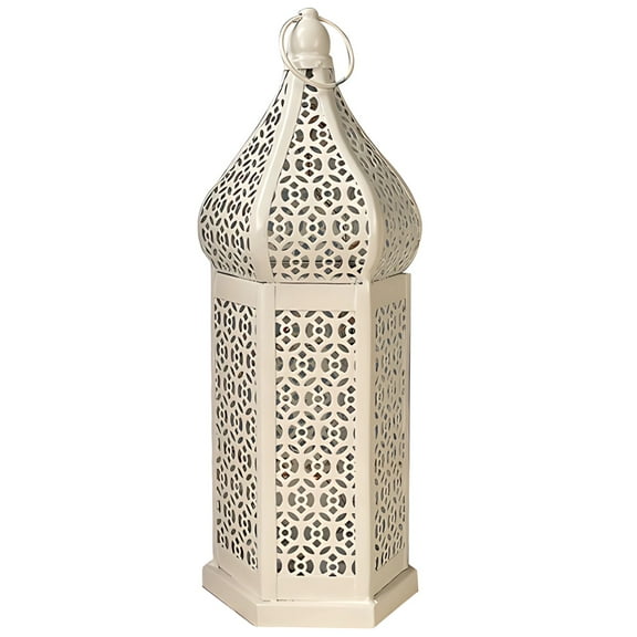 Moroccan Vintage Hollow Metal Lantern, LED Light, Tall Tower Design, White Iron Lantern for Outdoor Patio, Garden, Hotel, Home Decoration, Hanging or Standing