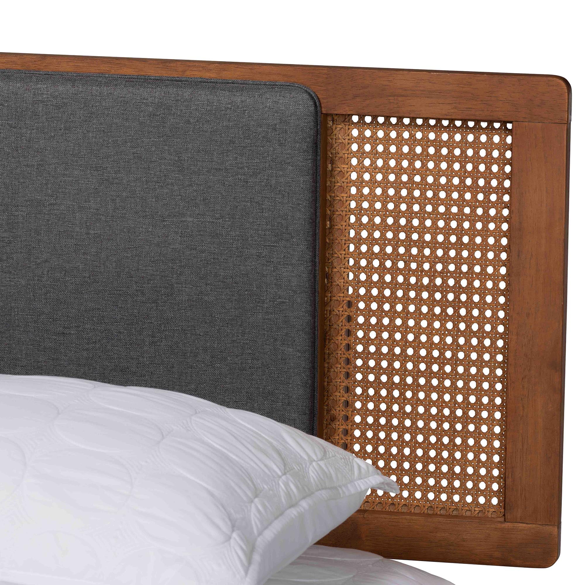 Baxton Studio Eliseo Mid-Century Modern Dark Grey Fabric and Walnut Brown Finished Wood Queen Size Platform Bed