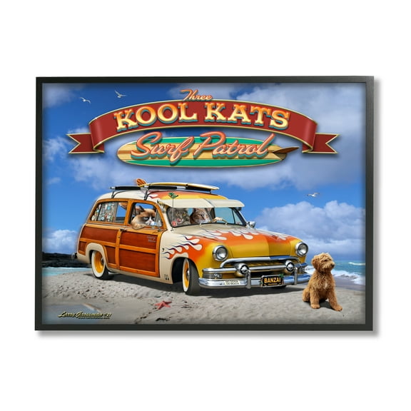 Stupell Industries Kool Kats Beach Transportation Painting Black Framed Art Print Wall Art, 14 x 11