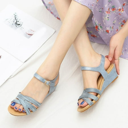 

Mishuowoti sandals for women 2023 Summer Slope Heel Sandals Women Casual Fashion One Word Buckle Belt In Thick Heel Women Shoes