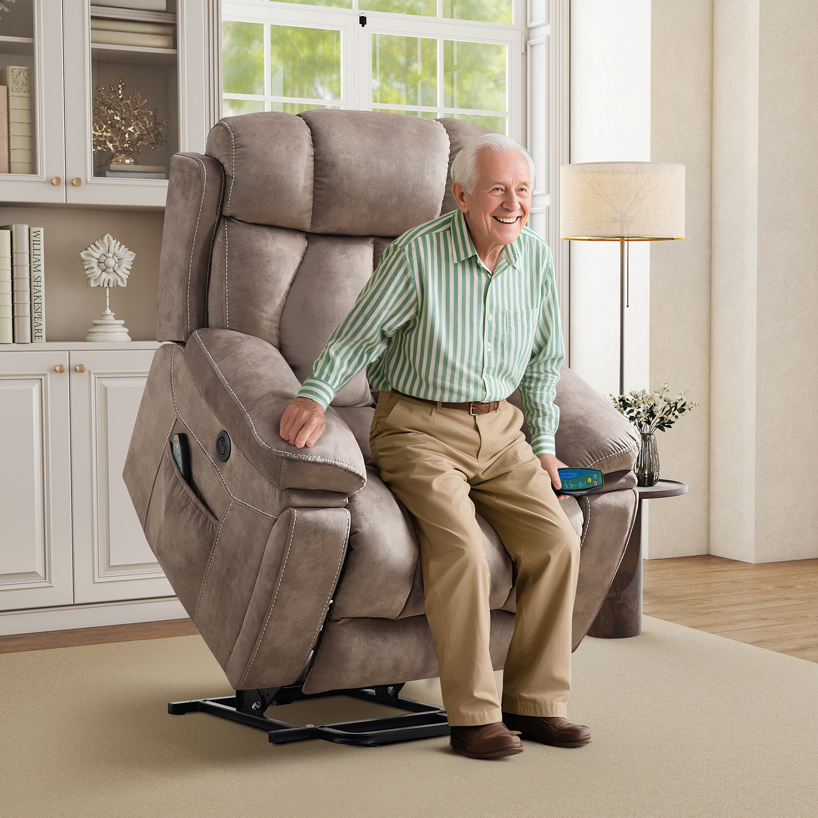 Bonzy Home Oversized Power Lift Recliner — Electric Lift Chair with Massage & Lumbar Heat, USB Port, Cup Holders & Side Pockets, Brown
