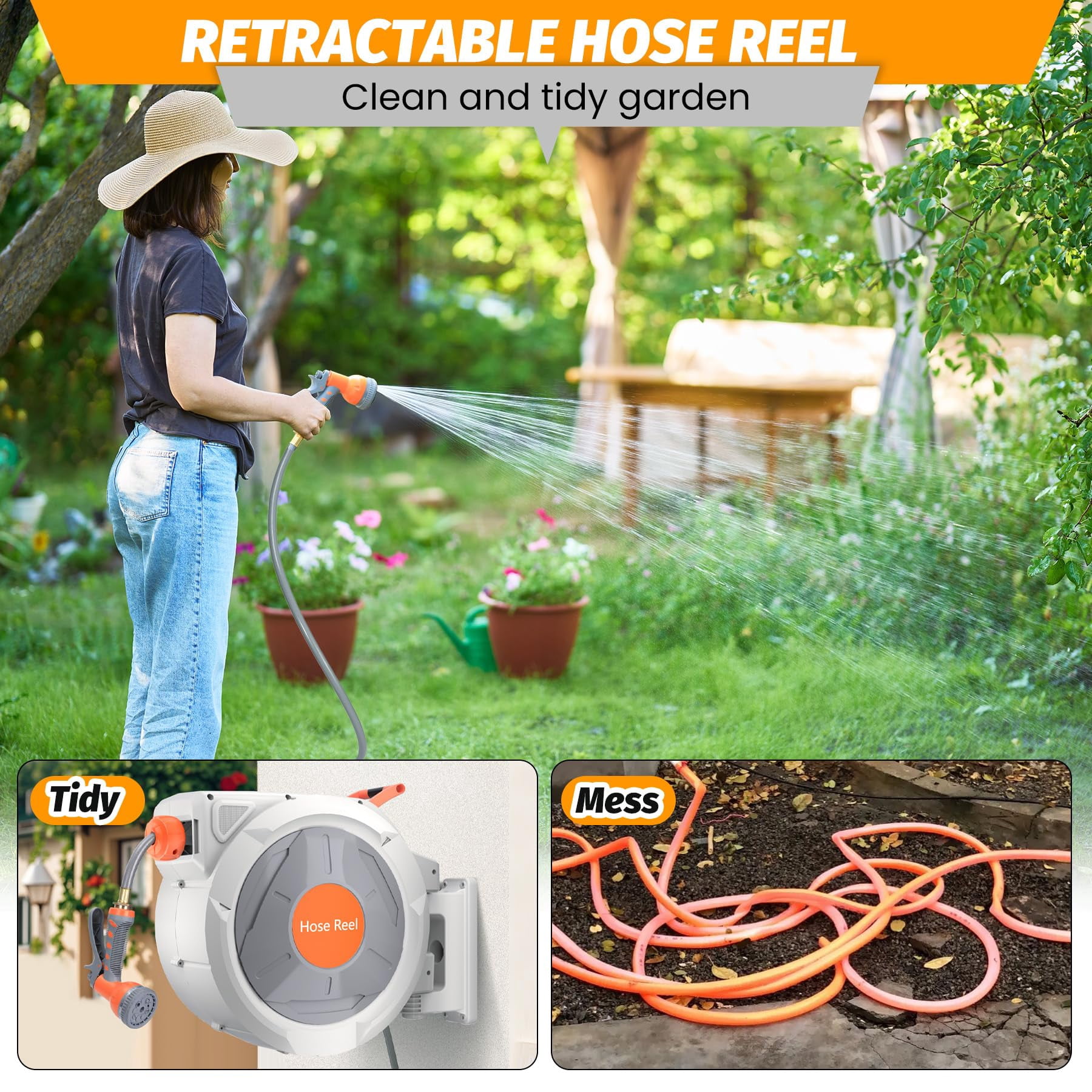 Retractable Garden Hose Reel 1/2 in x 130 ft - Wall Mounted, Heavy Duty UV Resistant - Automatic Rewind & Slow Return, Any-Length Lock, 180° Swivel Bracket, 9-Function Sprayer Nozzle