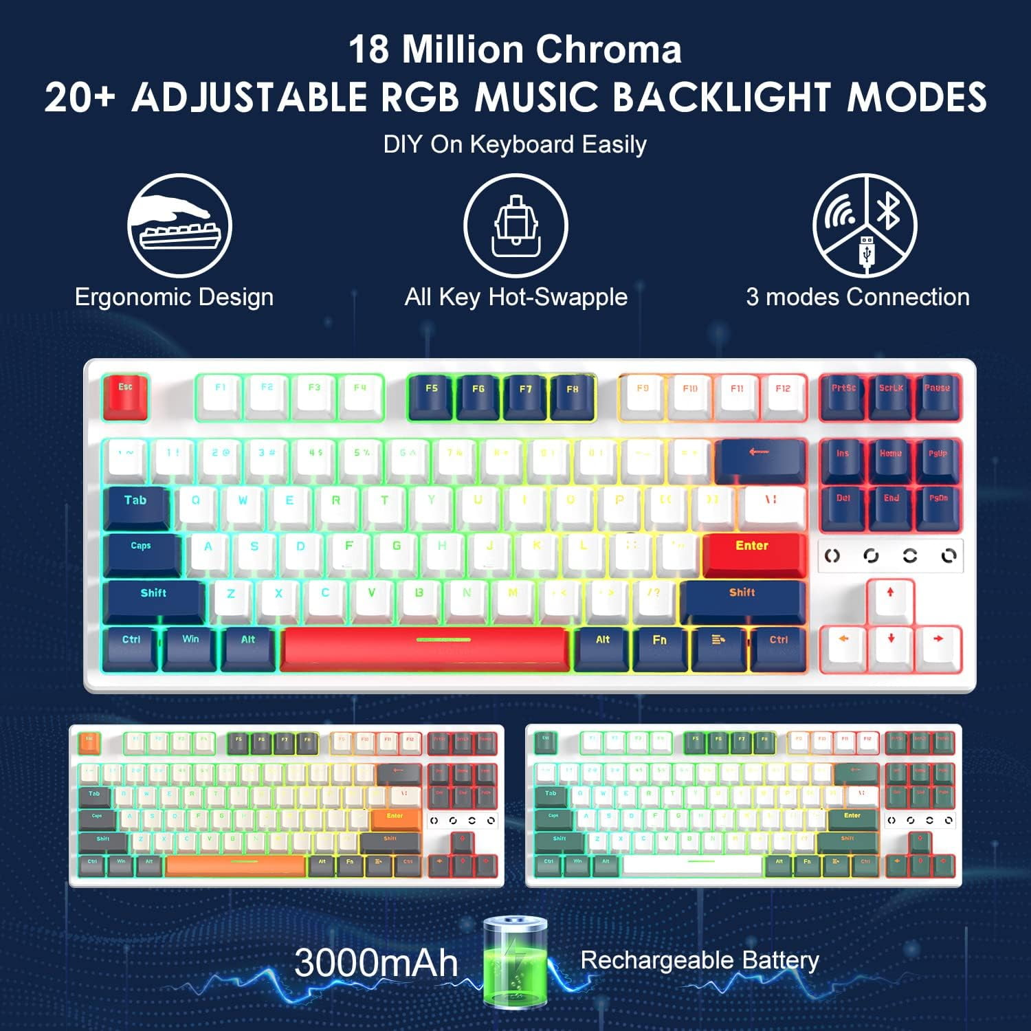 Attack Shark Gaming Keyboard 2.4G/BT5.0/USB-C Cable,Hot-swap Tactile Switch,RGB,3000mAh for PC
