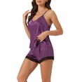 thumbnail image 4 of Conjunto de pijamas de satén para mujer INSPIRE CHIC, camisetas sin mangas con tirantes tipo racerback y pantalones cortos con encaje, conjuntos de lounge de seda M púrpura, 4 of 6