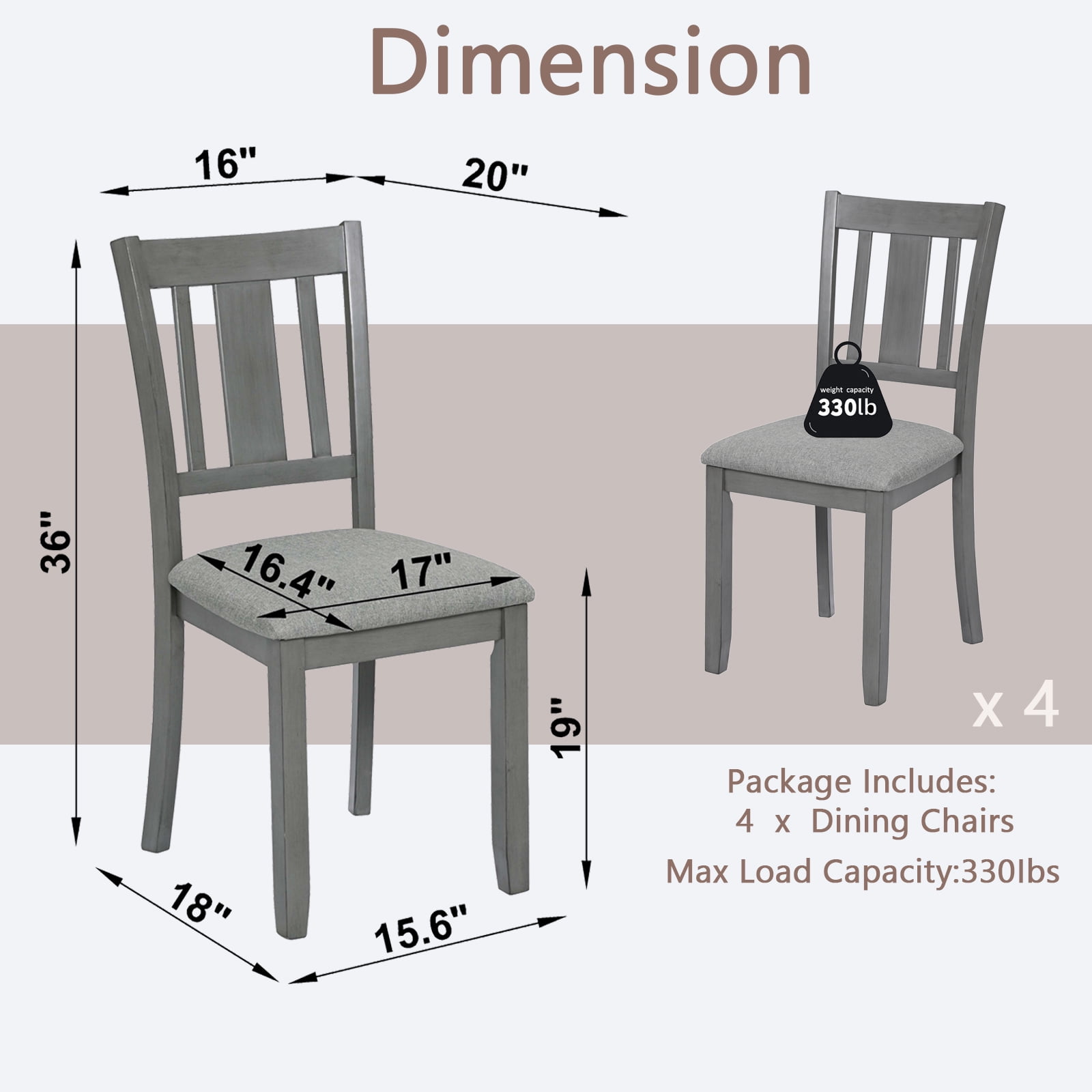 MAYEERTY Wooden Dining Chairs Set of 4, Kitchen Chair with Padded Seat, Upholstered Side Chair for Dining Room, Living Room, Gray
