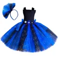 thumbnail image 3 of Vestido de tul de hada azul y negro brillante para niñas, vestido de fiesta de cumpleaños, vestido de princesa con flores de tul, disfraz de Halloween para niños, conjunto de alas, 3 of 5
