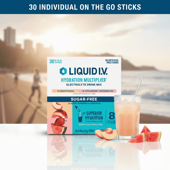 Liquid I.V. Hydration Multiplier Sugar-Free Variety Pack, White Peach and Strawberry Watermelon, 30 ct
