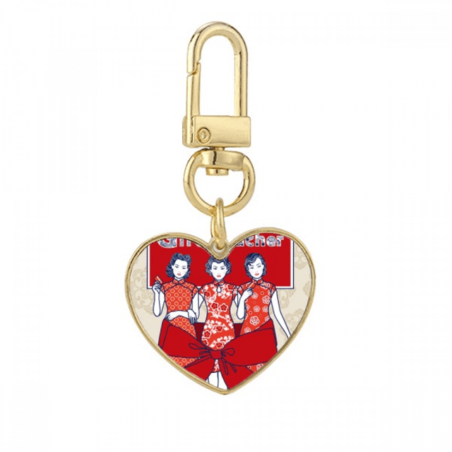 Chinese Culture Red Woman Gold Heart Keychain Metal Keyring Holder