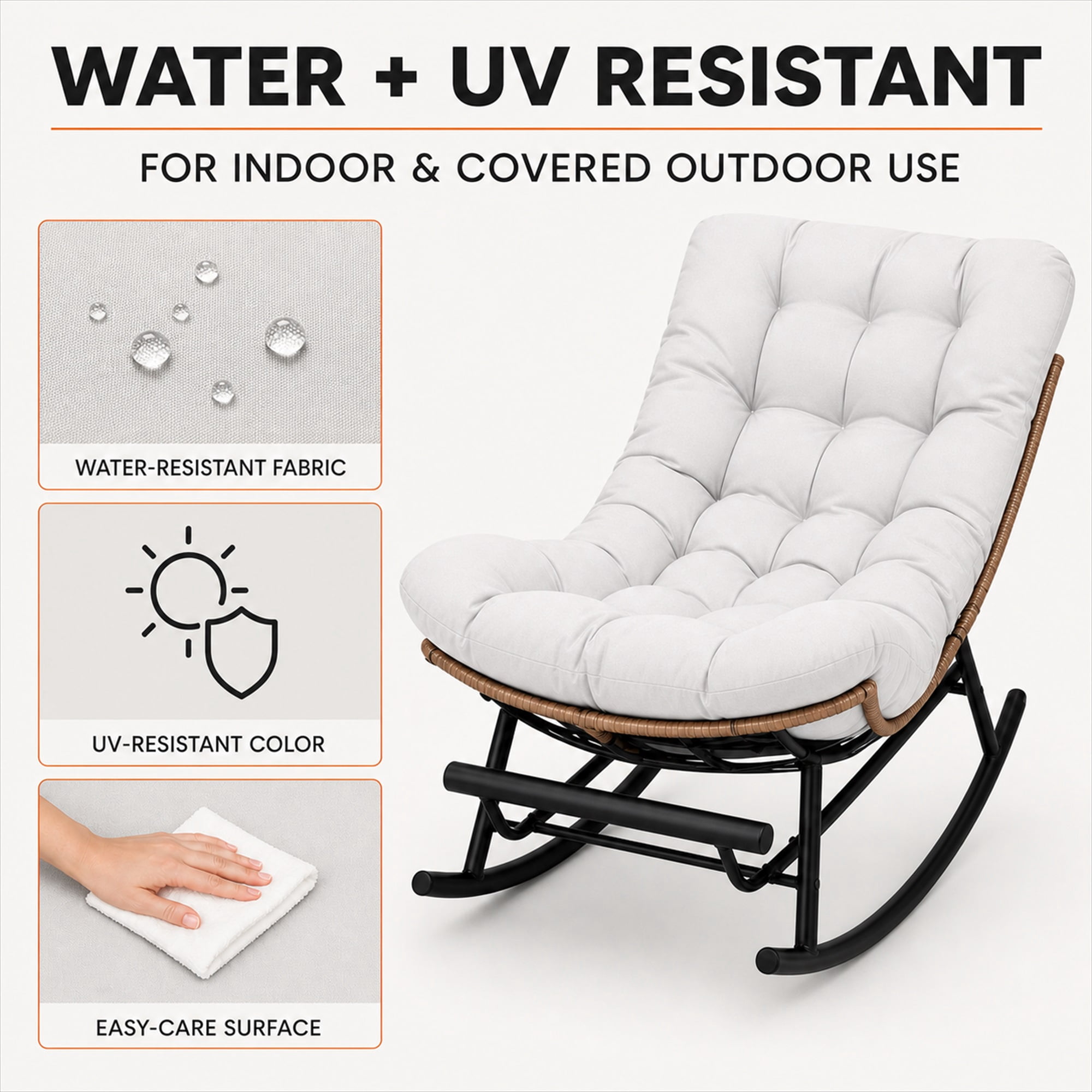 CLOUDREST PRO Outdoor Papasan Rocking Chair with Retractable Footrest, Oversized Wicker Patio Lounge Rocker with Thick Cushion and Steel Frame, 450 lb Capacity, Indoor Outdoor, Beige