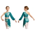 thumbnail image 2 of iiniim Girls Lyrical Dance Outfit One Shoulder Long Puff Sleeve Crop Top With Applique Asymmetrical Skirt Set Green 6, 2 of 7