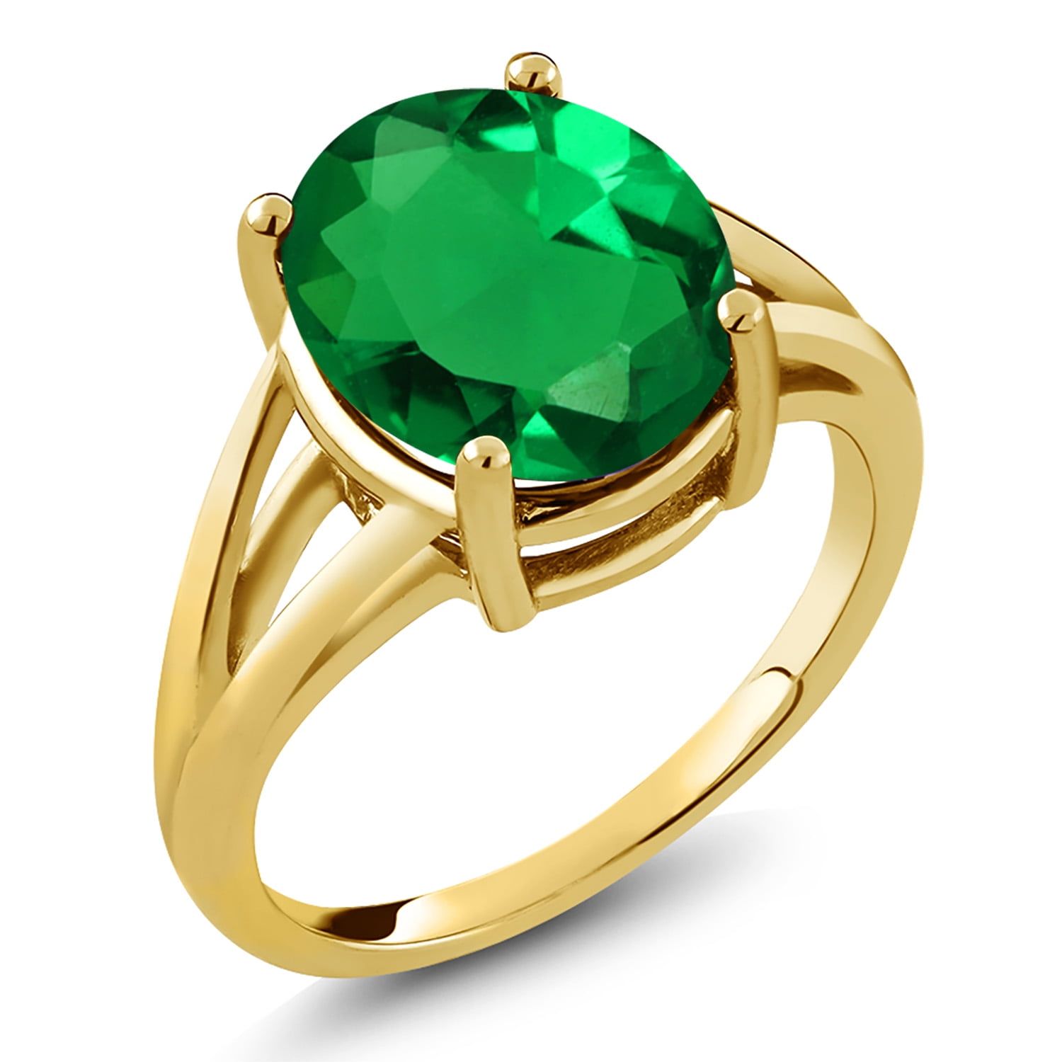 Gem Stone King 18K Yellow Gold Plated Silver Green Nano Emerald Ring for Women (4.00 Cttw, Gemstone May Birthstone, Oval 12X10MM, Available in Size 5,6,7,8,9)