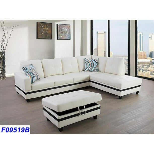 3 Piece Right Facing Sectional Sofa Set, White Faux Leather Sectional Sofa