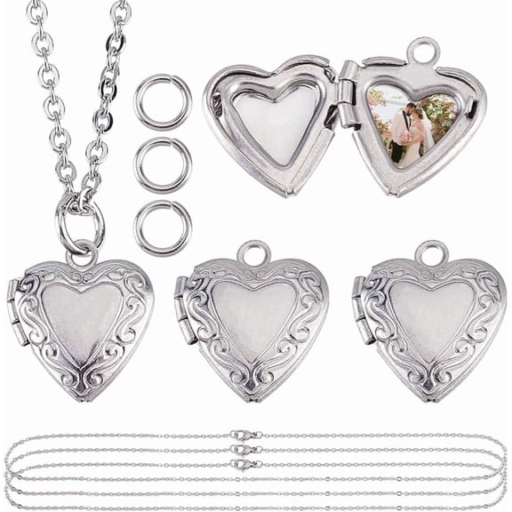 4 Sets Heart Locket Necklace Stainless Steel Photo Locket Pendant Love Shape Memory Charms Metal Heart Photo Frame Pendants for Valentine Gifts Necklace Jewelry Making Silver