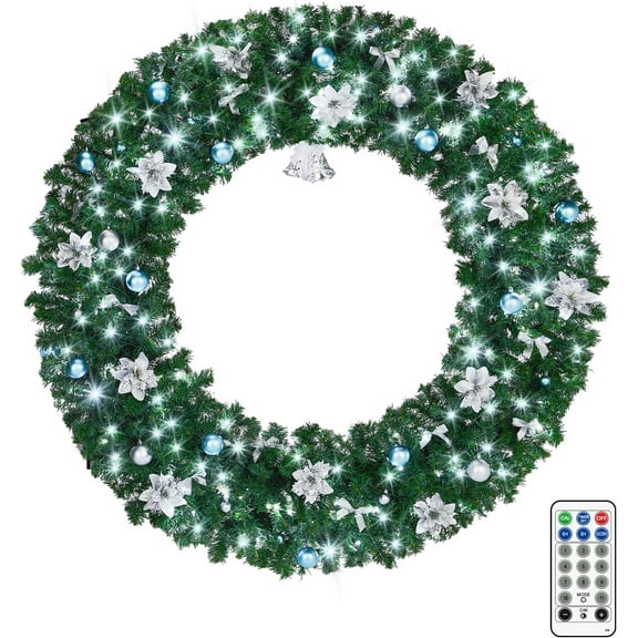 HiiKaa 60 in Prelit Christmas Wreath, Outdoor Xmas Wreath with 220 Lights,600 Tips,Bells,Blue Silver Ornament, Large Christmas Wreath for Grand Entrance,Church,Fence,Holiday Dec (Plug-in)