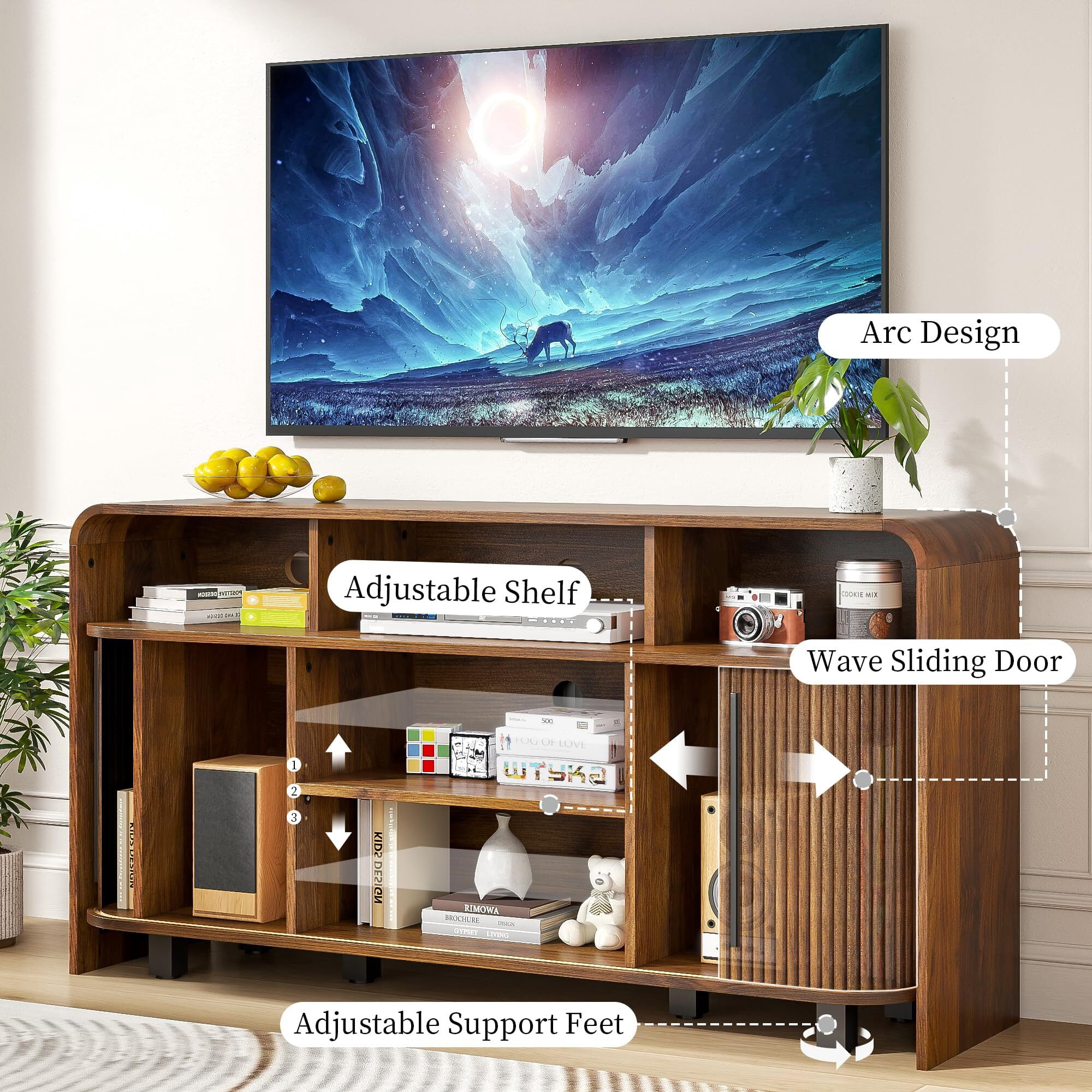 Fluted TV Stand for 55-65" TV, Small Mid Century Modern Media Console, Walnut Entertainment Center with Sliding Doors