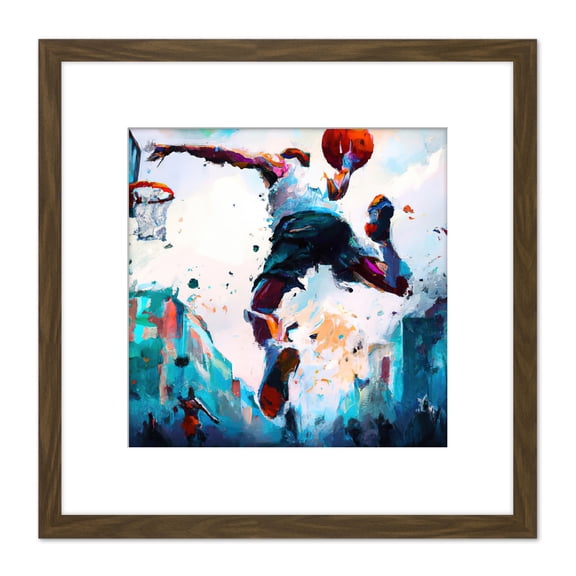 City Basketball Slam Dunk Sport Splatter Watercolour Painting Teal Orange Square Wooden Framed Wall Art Print Picture 8X8 Inch