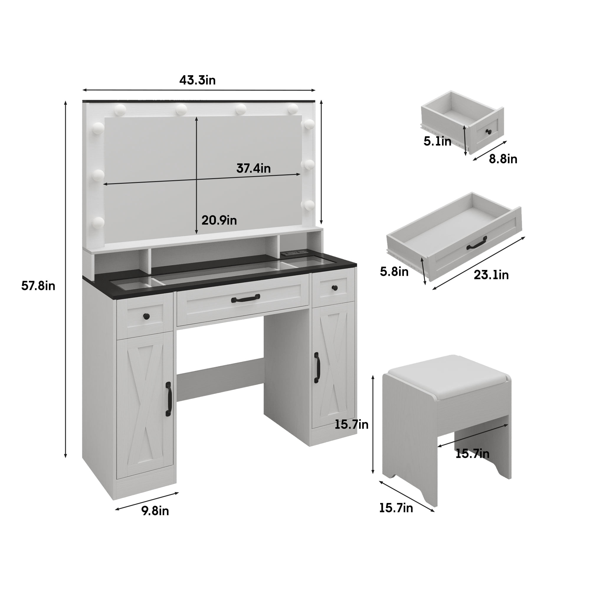 Vabches Farmhouse Vanity Set with Mirror and Lights,Glass Top Makeup Vanity Desk with Chair & Charging Station, White