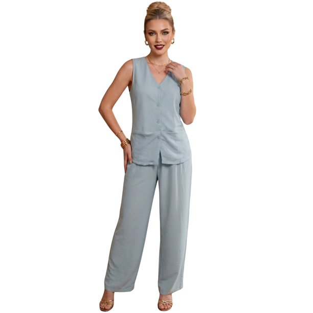 Conjunto 2 Piezas Elegante, Chaleco Abotonado y Pantalón de Pierna Ancha, Look Moderno para Mujer