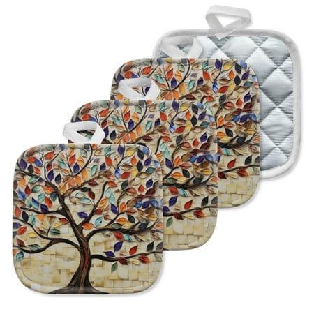 

4 Pack Pot Holders Kitchen Essential Potholder Set Artistic Tree Composed Of Colorful Leaves