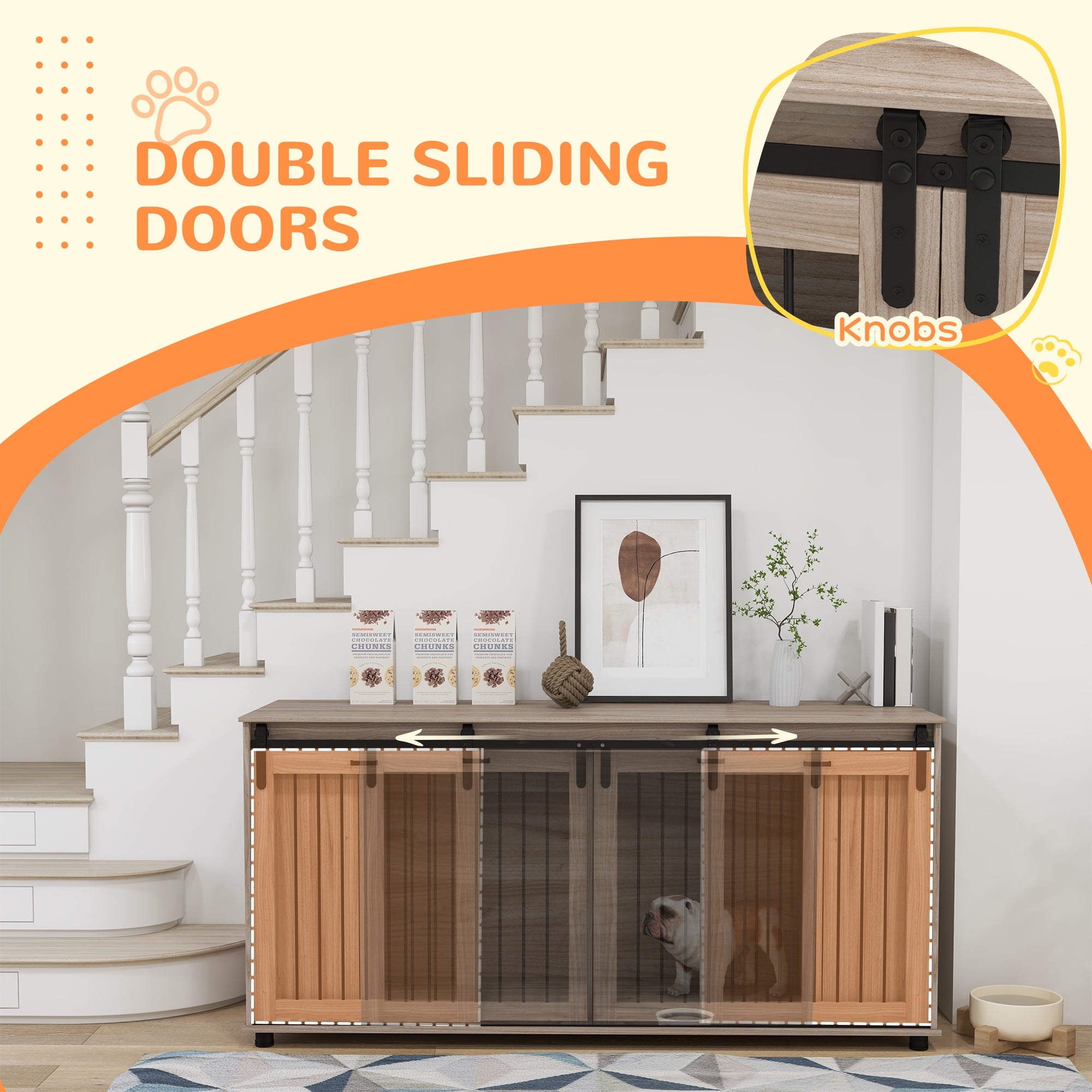 PawHut 71" Dog Crate Furniture with Removable Divider for 2 Small Dogs or 1 Large Dog, Dog Kennel Furniture with Storage, Double Doors