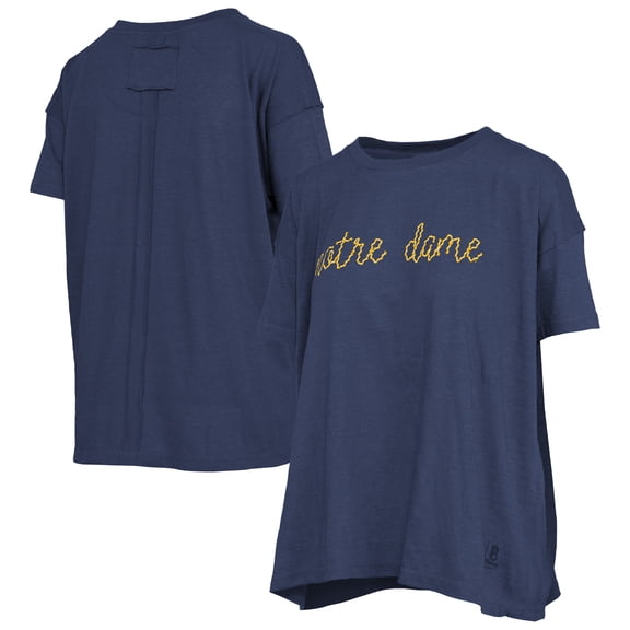 Women's Pressbox Heather Navy Notre Dame Fighting Irish Swirl Script Twisted Team Color Stitched Oversized T-Shirt