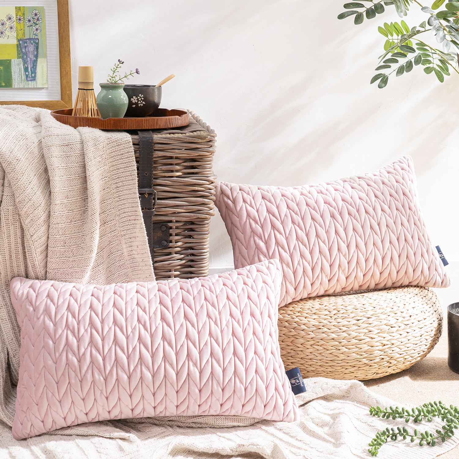 Phantoscope Quilted Velvet Lumbar Decorative Throw Pillows with Inserts, Braided Texture, Light Pink, 12 x 20 in, 2 Pack