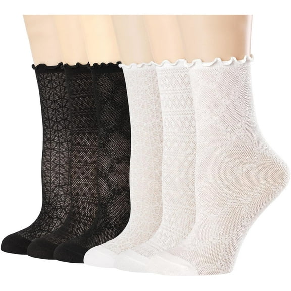 YooGuoGuo Women's Ruffle Socks Mesh Cool Casual Lace Cotton Crew Summer Ultra Thin Frilly Ankle Socks for Women 6 Pairs